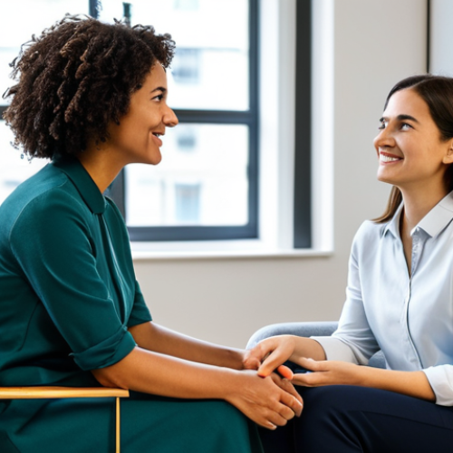 Home 28 A professional female health coach, fully clothed in modest, smart casual attire, sitting across from a female client. The coach demonstrates active listening with a warm, empathetic expression, leaning forward slightly. The client, also fully clothed in appropriate, comfortable attire, is speaking openly. The setting is a modern, naturally lit office or cozy coaching space with warm, inviting decor, a comfortable armchair, and a small table between them. professional photography, natural pose, perfect anatomy, correct proportions, well-formed hands, natural body proportions, safe for work, appropriate content, family-friendly, high quality, studio lighting.
