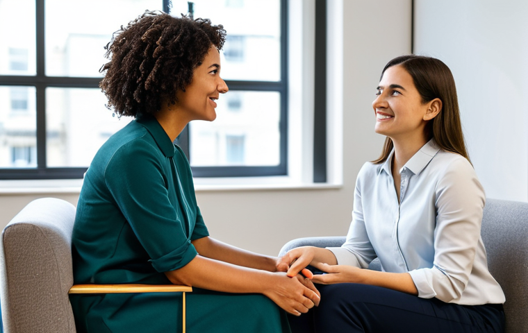 A professional female health coach, fully clothed in modest, smart casual attire, sitting across from a female client. The coach demonstrates active listening with a warm, empathetic expression, leaning forward slightly. The client, also fully clothed in appropriate, comfortable attire, is speaking openly. The setting is a modern, naturally lit office or cozy coaching space with warm, inviting decor, a comfortable armchair, and a small table between them. professional photography, natural pose, perfect anatomy, correct proportions, well-formed hands, natural body proportions, safe for work, appropriate content, family-friendly, high quality, studio lighting.