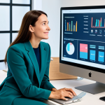 A professional health coach, a woman, in a stylish yet modest business casual outfit, sits at a modern, ergonomic desk. She is interacting with a large, clean digital display showing social media feeds, data analytics, and a live stream interface. Her expression is thoughtful and engaged, showing her dedication to crafting authentic content and connecting with her audience. The background is a bright, minimalist studio space with soft lighting. fully clothed, appropriate attire, modest clothing, safe for work, appropriate content, professional, family-friendly, perfect anatomy, correct proportions, natural pose, well-formed hands, proper finger count, natural body proportions.