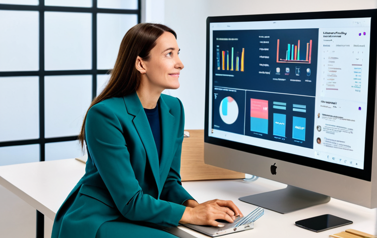 A professional health coach, a woman, in a stylish yet modest business casual outfit, sits at a modern, ergonomic desk. She is interacting with a large, clean digital display showing social media feeds, data analytics, and a live stream interface. Her expression is thoughtful and engaged, showing her dedication to crafting authentic content and connecting with her audience. The background is a bright, minimalist studio space with soft lighting. fully clothed, appropriate attire, modest clothing, safe for work, appropriate content, professional, family-friendly, perfect anatomy, correct proportions, natural pose, well-formed hands, proper finger count, natural body proportions.