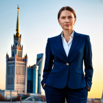 **

A confident businesswoman in a tailored navy blue business suit, standing in front of the Moscow skyline at sunset, fully clothed, appropriate attire, safe for work, perfect anatomy, natural proportions, professional photography, high quality, professional.

**