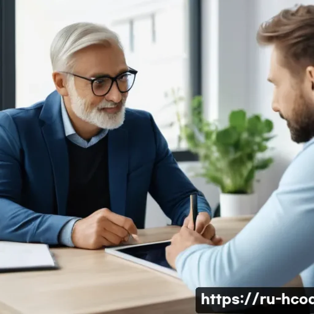 건강코칭 서비스와 고객 만족도 향상 - A professional health coach and a middle-aged Russian client sitting together in a modern, cozy offi...