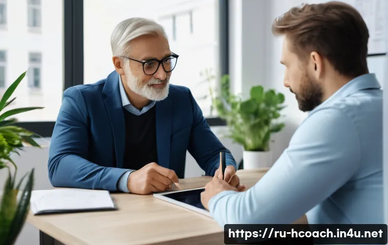 건강코칭 서비스와 고객 만족도 향상 - A professional health coach and a middle-aged Russian client sitting together in a modern, cozy offi...