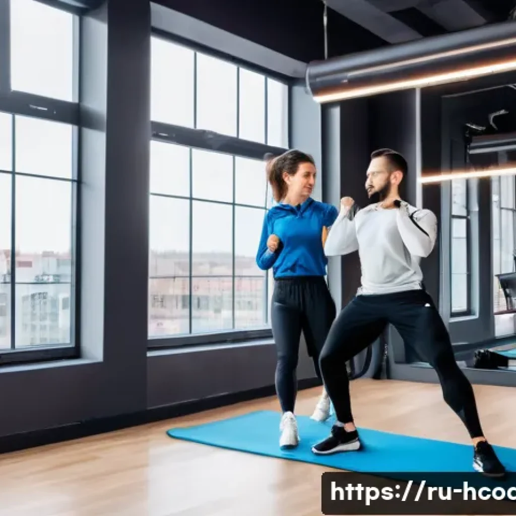 건강코칭 전문가로 성장하는 법 - A professional Russian health coach conducting a personalized fitness coaching session in a modern g...