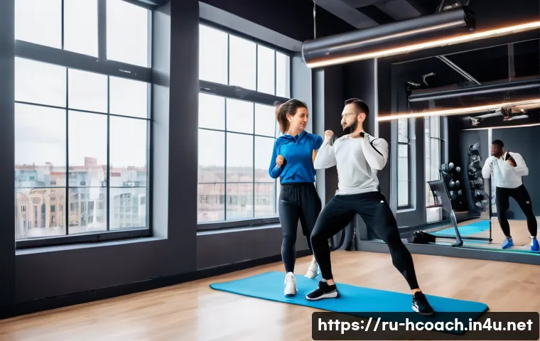 건강코칭 전문가로 성장하는 법 - A professional Russian health coach conducting a personalized fitness coaching session in a modern g...