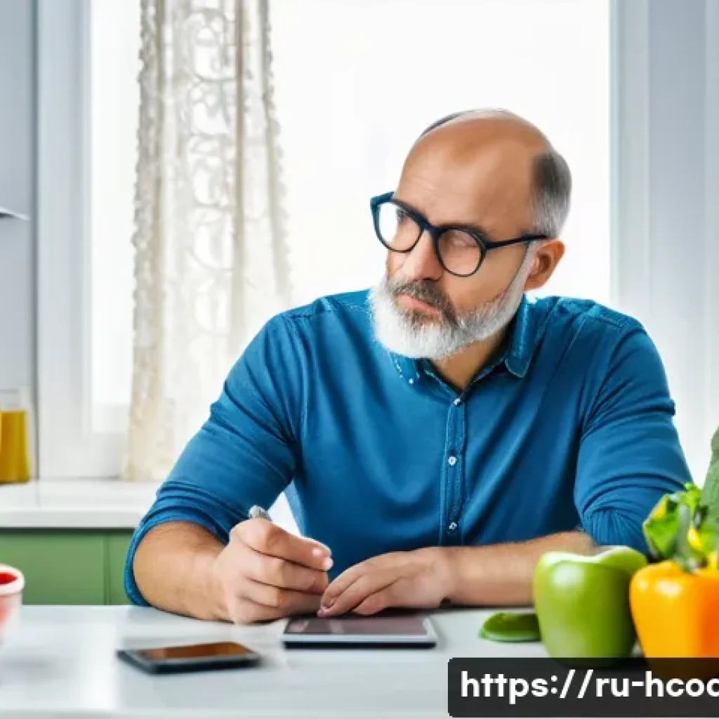 건강코칭 클라이언트 분석 사례 - A detailed scene of a middle-aged Russian man sitting at a modern kitchen table with a food diary an...