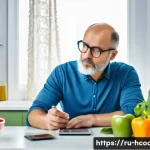 Home 22 건강코칭 클라이언트 분석 사례 - A detailed scene of a middle-aged Russian man sitting at a modern kitchen table with a food diary an...