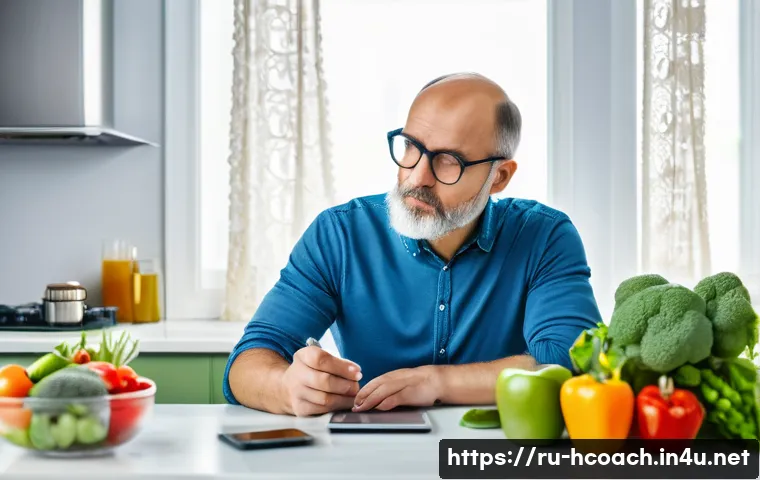 건강코칭 클라이언트 분석 사례 - A detailed scene of a middle-aged Russian man sitting at a modern kitchen table with a food diary an...