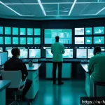 Home 21 건강코칭에서 중요한 고객 보안 - A modern healthcare data security control room showing diverse medical professionals monitoring mult...
