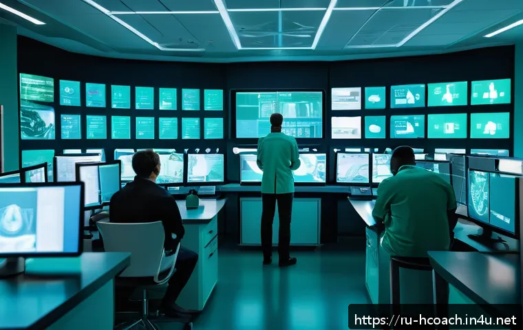 건강코칭에서 중요한 고객 보안 - A modern healthcare data security control room showing diverse medical professionals monitoring mult...
