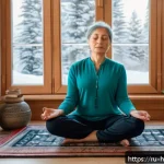 Home 20 건강코칭과 자기관리 노하우 - A serene scene of a middle-aged Russian woman practicing mindfulness meditation in a cozy, softly li...