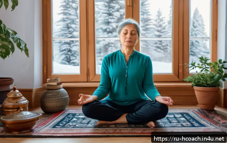 건강코칭과 자기관리 노하우 - A serene scene of a middle-aged Russian woman practicing mindfulness meditation in a cozy, softly li...
