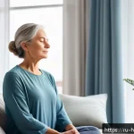 Home 19 건강코칭에서 심리적 접근법 적용 - A serene modern living room scene depicting a middle-aged Russian woman practicing mindfulness medit...