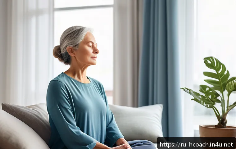 건강코칭에서 심리적 접근법 적용 - A serene modern living room scene depicting a middle-aged Russian woman practicing mindfulness medit...