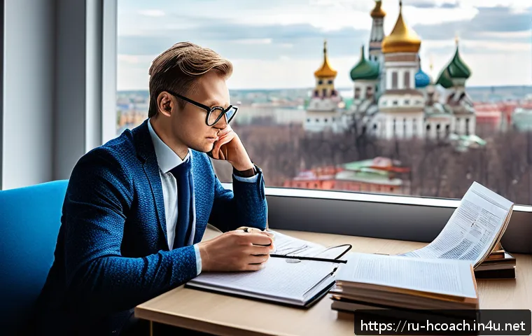 건강코칭을 위한 자료 조사법 - A professional Russian health coach sitting at a modern desk filled with medical books, a laptop dis...