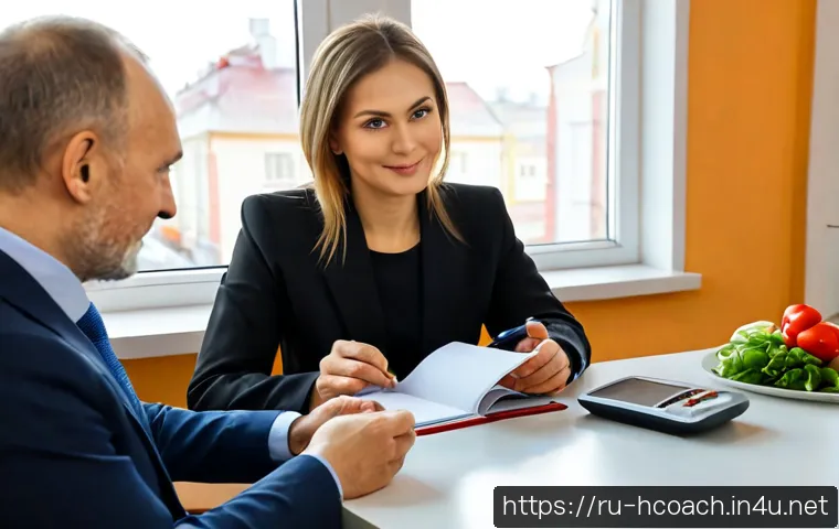 건강코칭 실무 사례와 학습 교훈 - Photorealistic health coaching session in a bright modern Russian community clinic, a compassionate ...