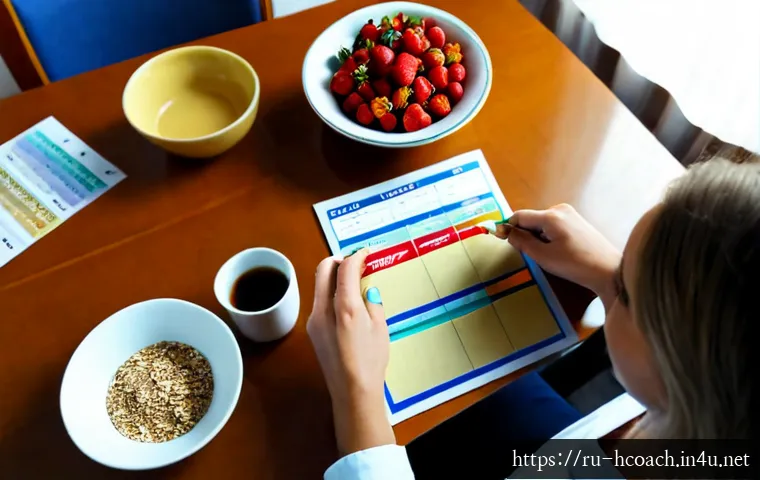 Home 17 건강코칭 초보자를 위한 실습 자료 - Photorealistic overhead view of a beginner health coaching practice session at a tidy apartment dini...